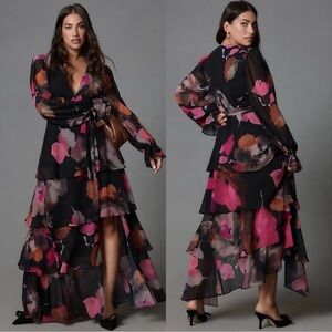 Anthropologie Black and Pink Floral Long Sleeve Dress